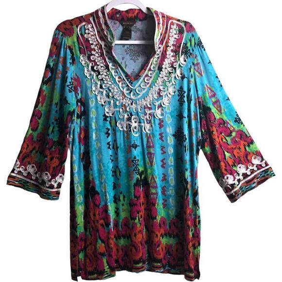 Multiples Tops - Multiples Boho Soutache Embroidered V-Neck Tunic Top
